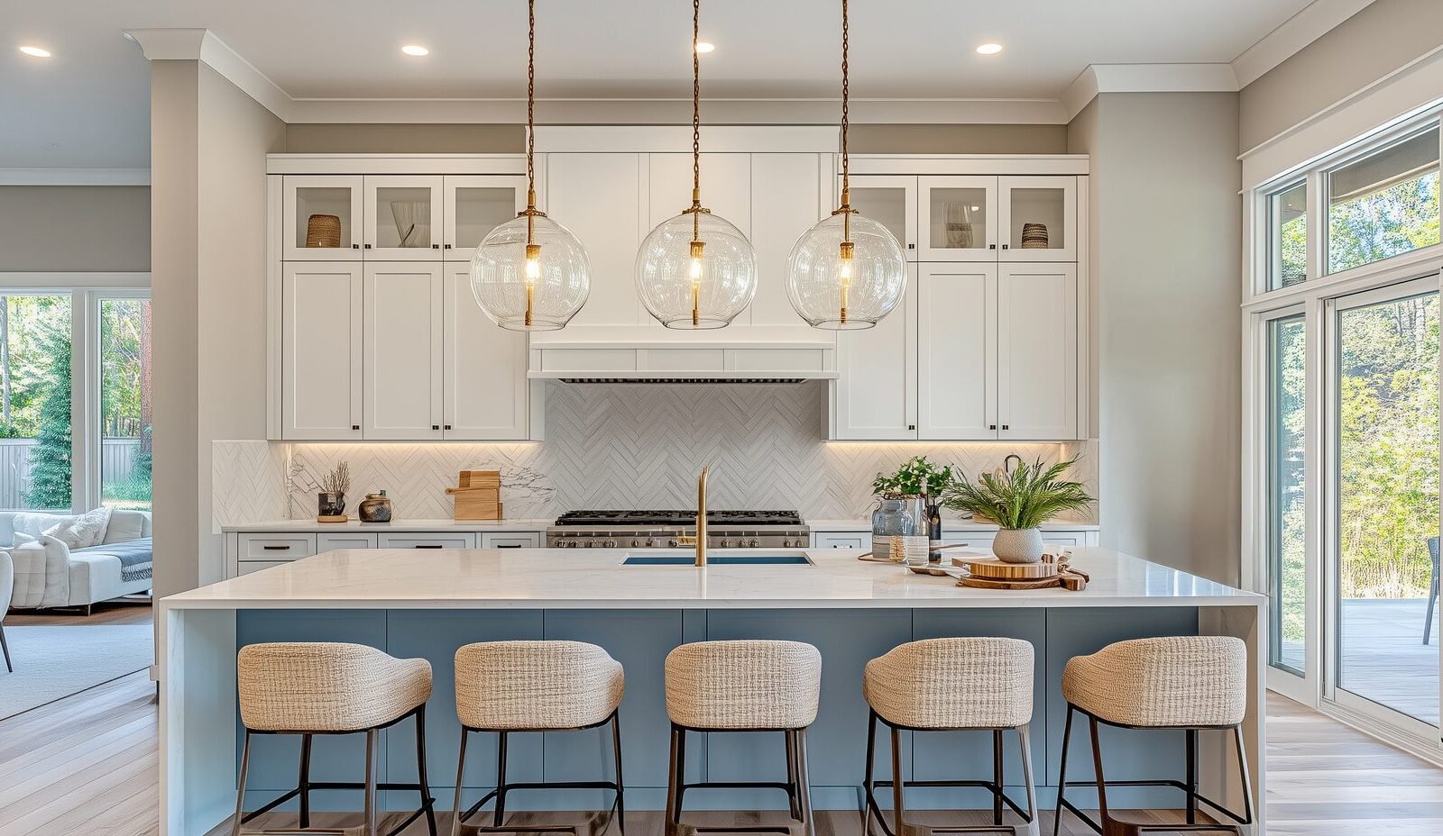 White shaker kitchen with blue island and glass pendants in an Al Barsha villa