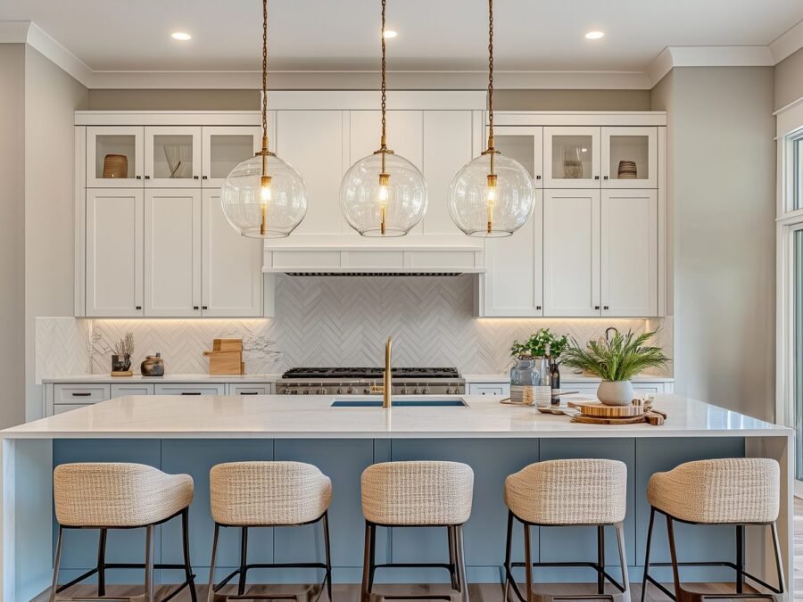 White shaker kitchen with blue island and glass pendants in an Al Barsha villa