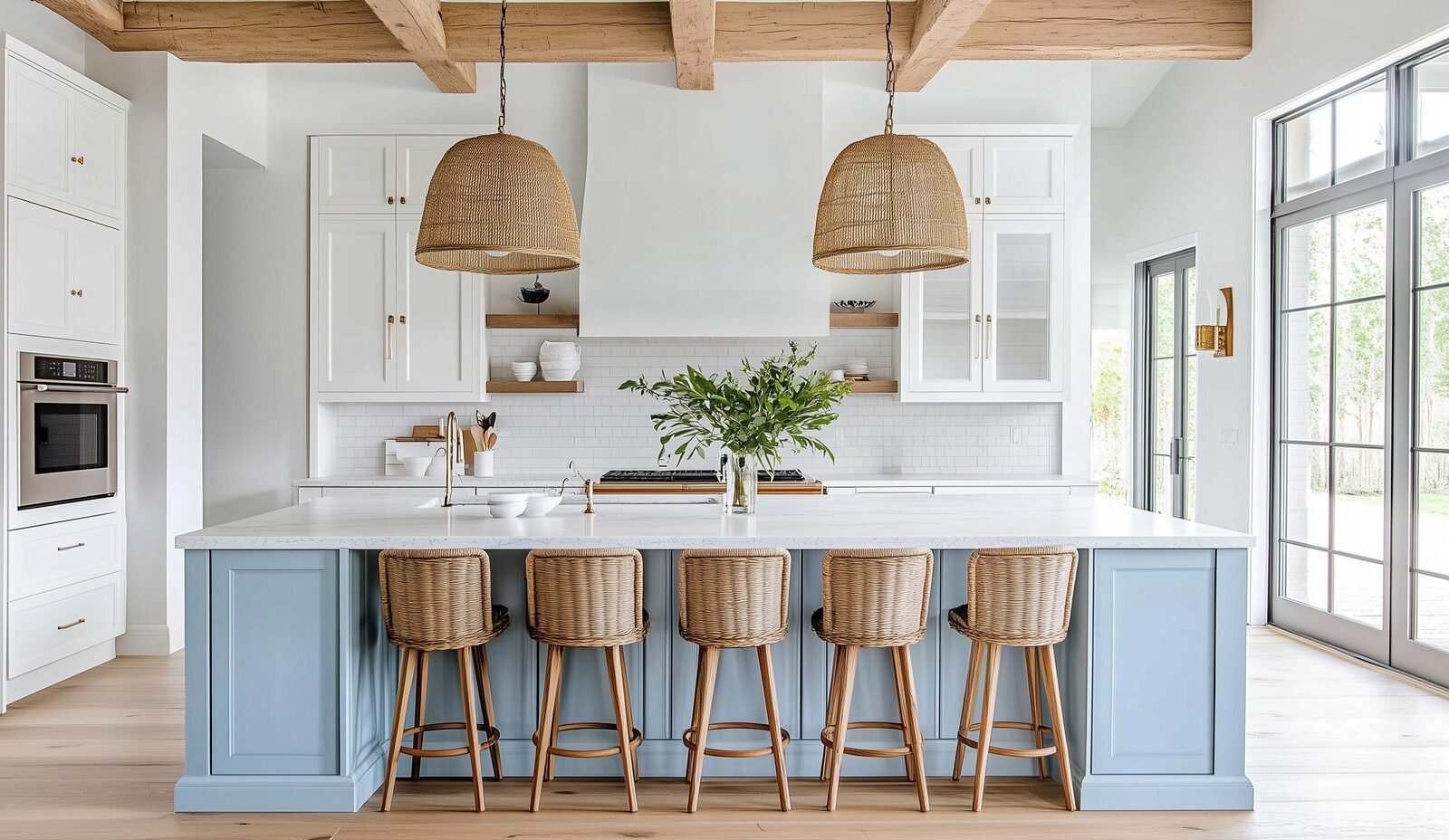 Coastal shaker kitchen with pale blue island and timber beams in Al Mouj, Muscat