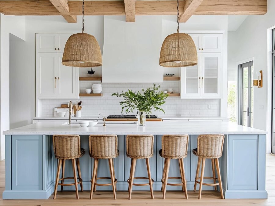 Coastal shaker kitchen with pale blue island and timber beams in Al Mouj, Muscat