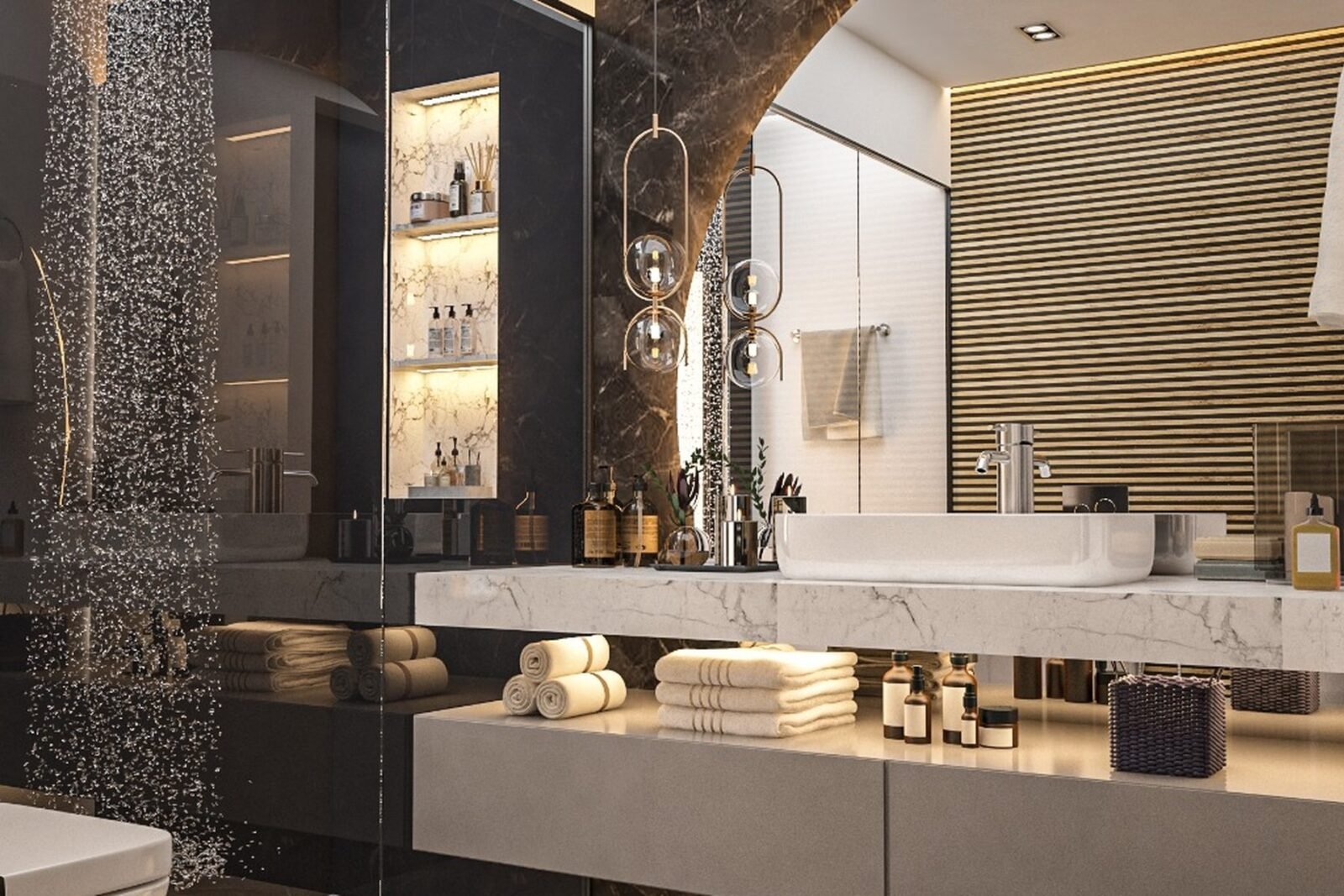 Bathroom with stone arch, walk-in rain shower, floating vanity and backlit niche