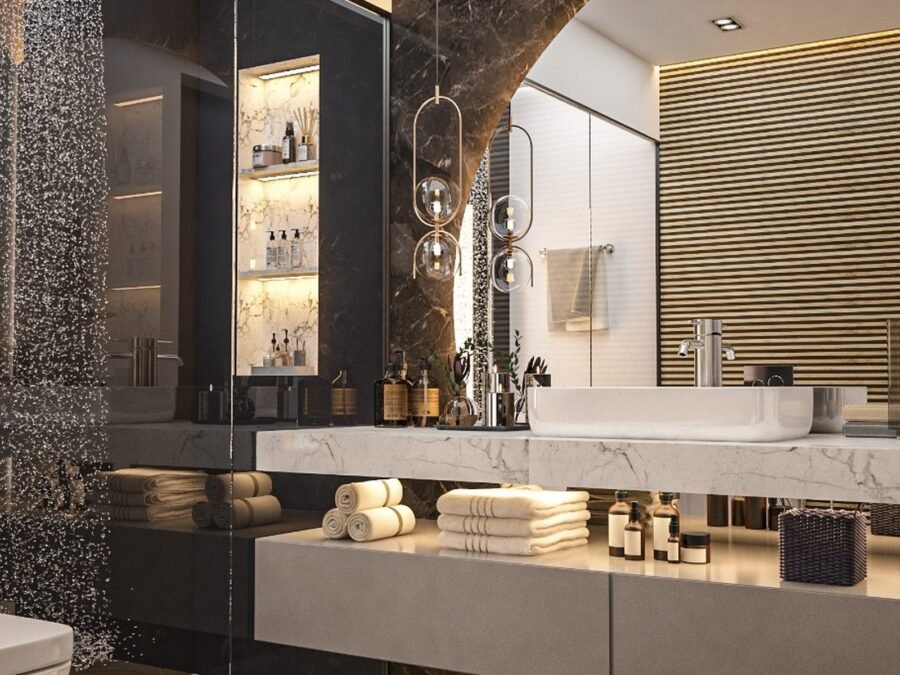 Bathroom with stone arch, walk-in rain shower, floating vanity and backlit niche