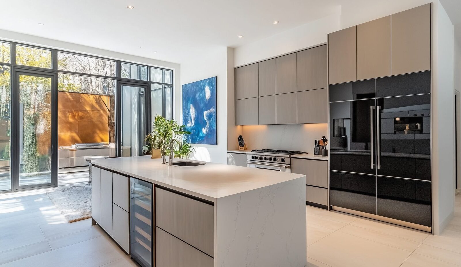 Dark grey and black handleless kitchen in a Downtown Dubai apartment