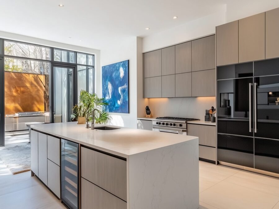 Dark grey and black handleless kitchen in a Downtown Dubai apartment