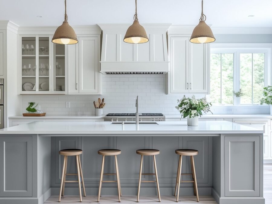 Classic painted kitchen with grey island and rope pendants
