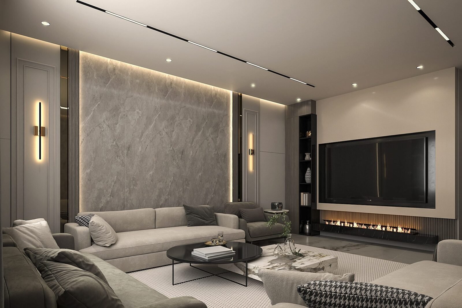 Living room with backlit marble feature wall, linear fireplace and recessed television