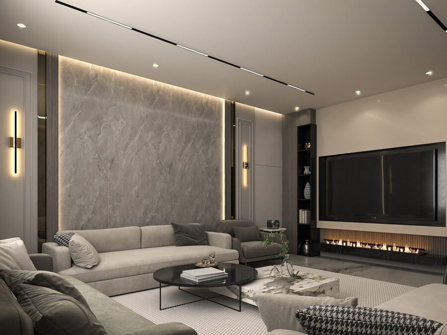 Living room with backlit marble feature wall, linear fireplace and recessed television