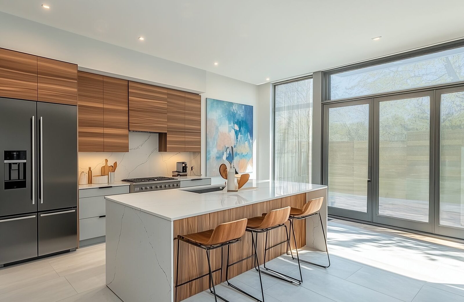 Handleless walnut and white marble island kitchen in a Dubai Marina apartment