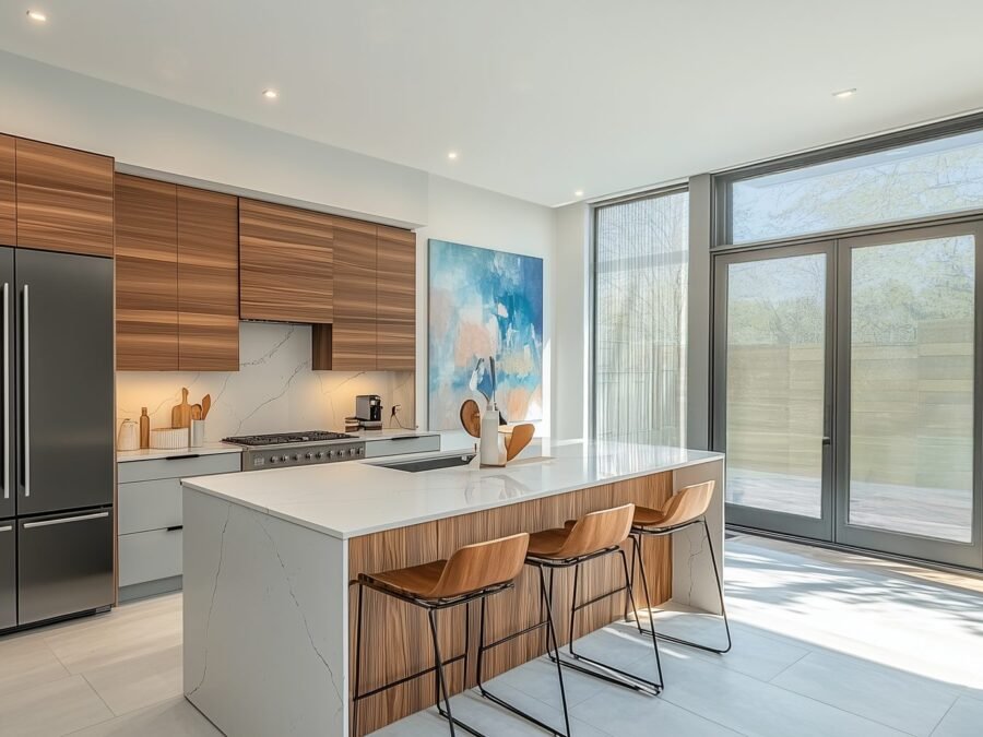 Handleless walnut and white marble island kitchen in a Dubai Marina apartment