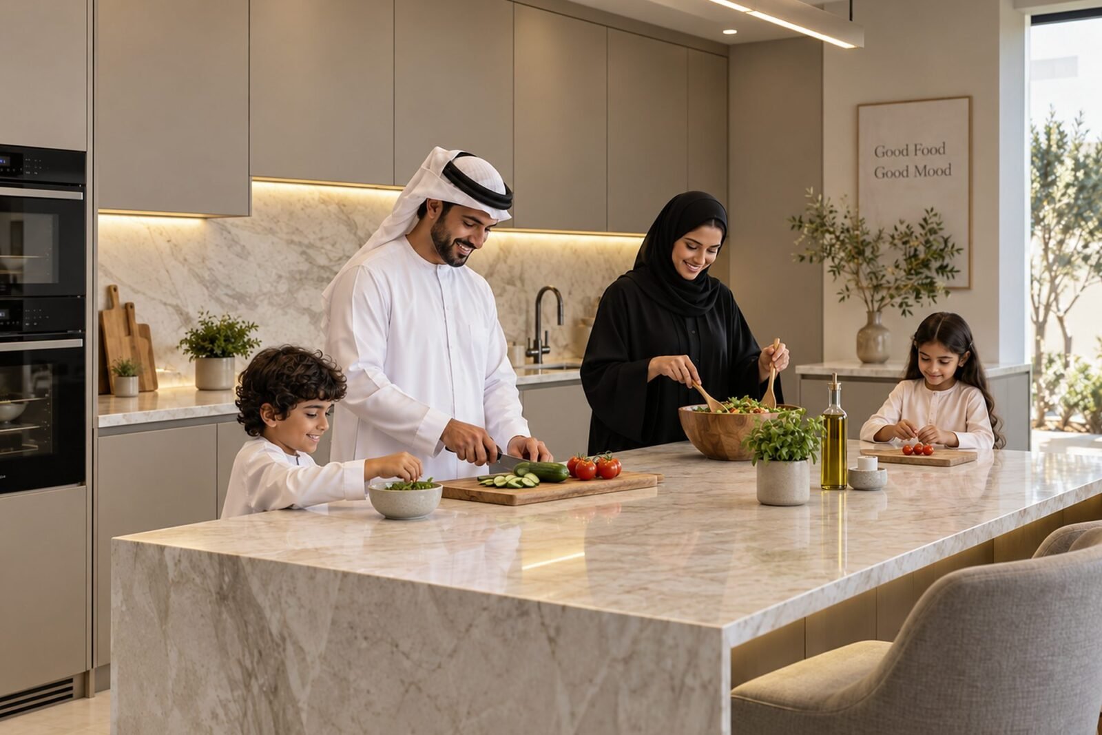 An Emirati family cooking together at the marble island of a modern handleless kitchen