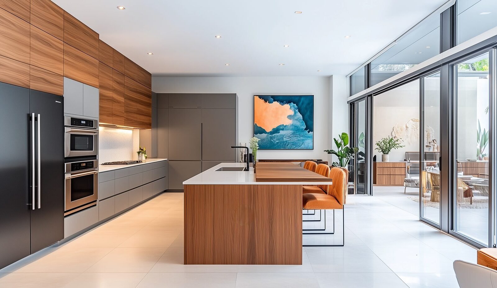 Walnut island kitchen with grey tall units in a Qurum villa, Muscat