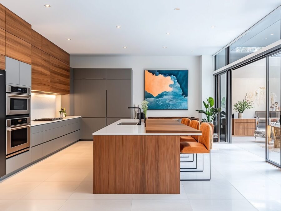 Walnut island kitchen with grey tall units in a Qurum villa, Muscat