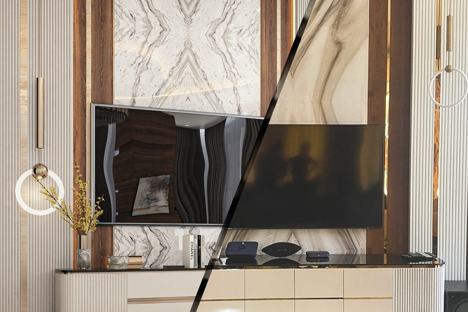Split image showing a fluted TV unit as a 3D render and as installed