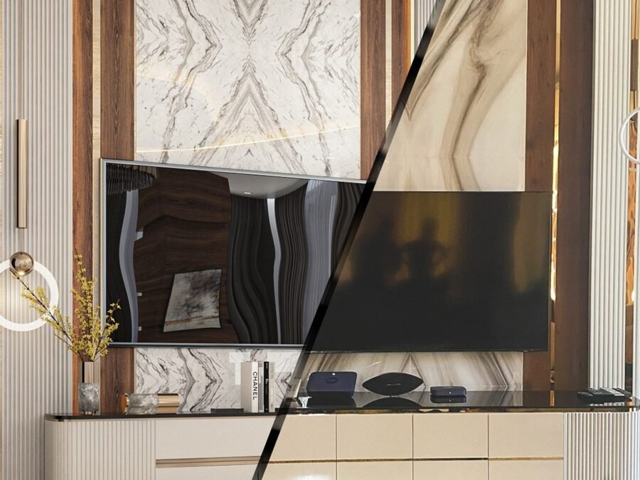 Split image showing a fluted TV unit as a 3D render and as installed