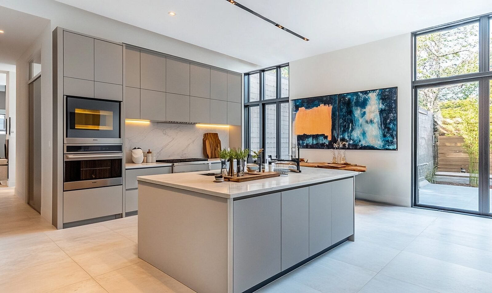 Minimal grey handleless kitchen with marble splashback on Saadiyat Island