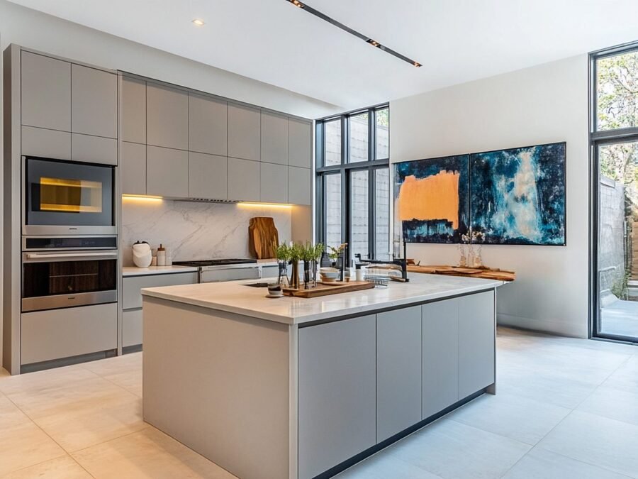 Minimal grey handleless kitchen with marble splashback on Saadiyat Island